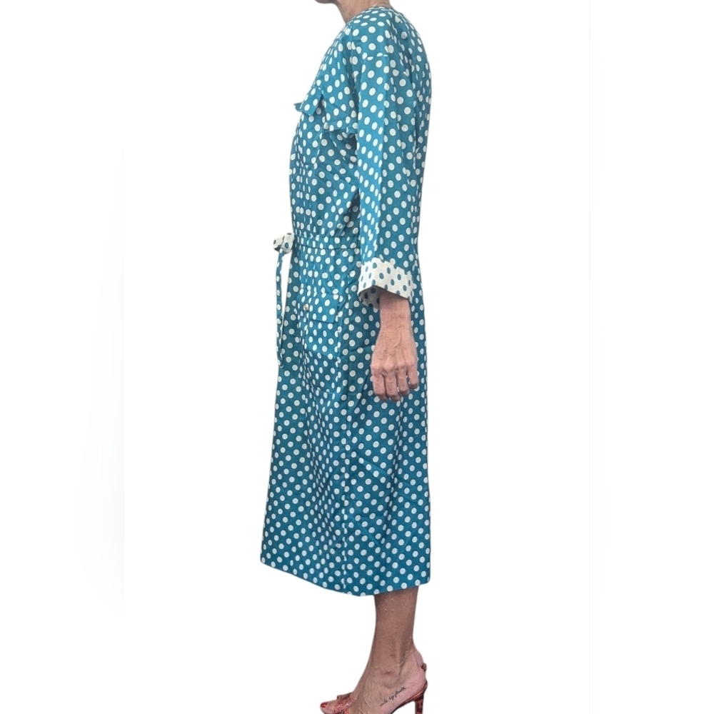 Vintage 80s Leslie Fay Teal White Polka Dot Midi Dress Drawstring 12 - Picture 3 of 12